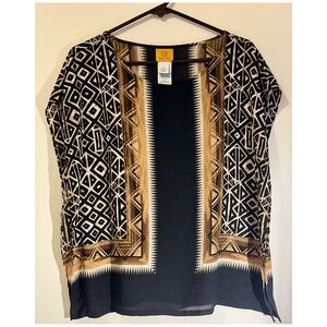 Ruby Rd Geometric Print Blouse Small • Black Tan Sheer Layered Top